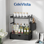 2-Tier Wood Bathroom Counter Organizer, Countertop Organizer with Drawer and Storage Basket, Bathroom Sink Organizer for Vani