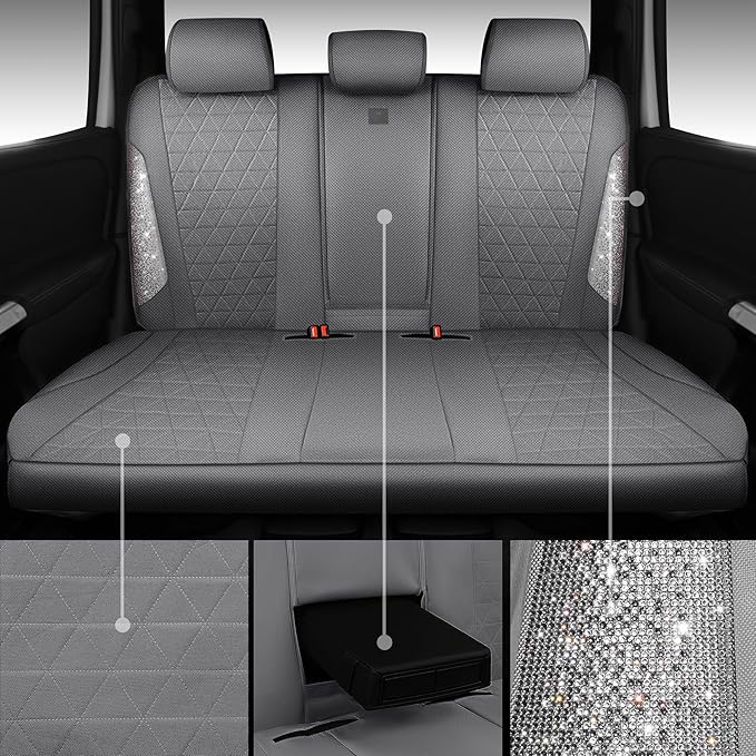 CAR PASS Gray Oxford Bling Diamond Car Seat Covers Full Set Interior Sets, Waterproof Shining Glitter Sparkly Crystal Univers