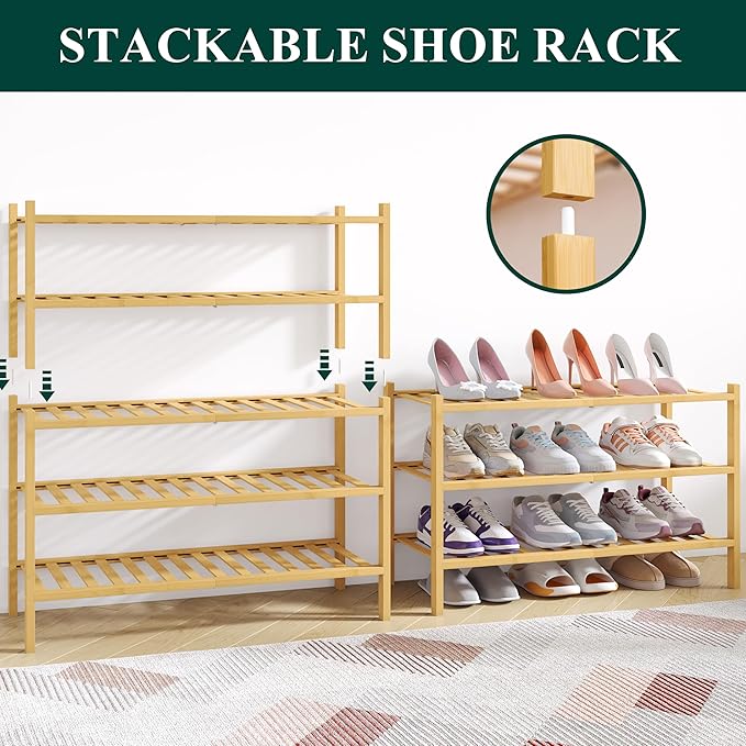 Smiry Bamboo Shoe Rack for Closet, 5 Tier Wooden Stackable Shoe Organizer, Free Standing Shoes Storage Shelf for Entryway, Fr