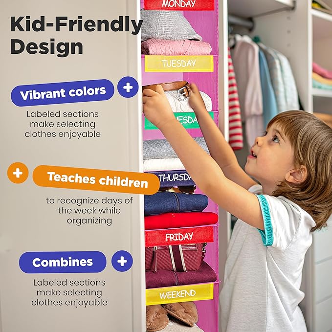 Handy Laundry Hanging Clothes Organizer for Kids - 6-Shelf Closet Daily Clothing Organization Labeled Shelves with Days of Th