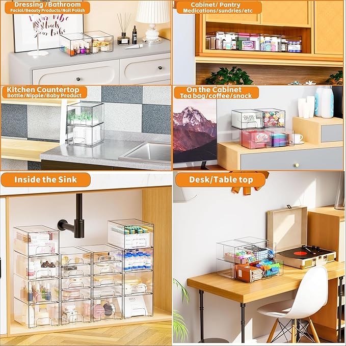 4.4" Tall Small Clear Acrylic Stackable Storage Drawers for Vanity,Under Sink,Bathroom Closet,Medicine Cabinet Organization a
