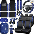 CAR PASS 23 PCS Bling Diamond Car Accessories Set for Women, Leather Seat Covers Full Set Sparkly Rhinestone15'' Steering Wheel Covers Shining Diamond Floor Mats Cute Car Interior Sets,Blue