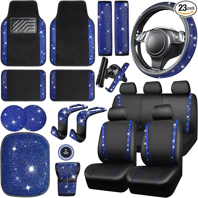 CAR PASS 23 PCS Bling Diamond Car Accessories Set for Women, Leather Seat Covers Full Set Sparkly Rhinestone15'' Steering Wheel Covers Shining Diamond Floor Mats Cute Car Interior Sets,Blue