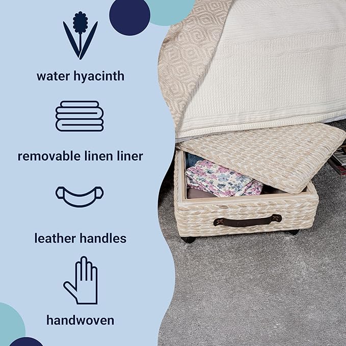 happimess BSK1006D Chett 26.38" Minimalist Hand-Woven Hyacinth/Wood Underbed Storage Bin with Wheels and Handles, White Wash/