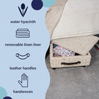 happimess BSK1006D Chett 26.38" Minimalist Hand-Woven Hyacinth/Wood Underbed Storage Bin with Wheels and Handles, White Wash/