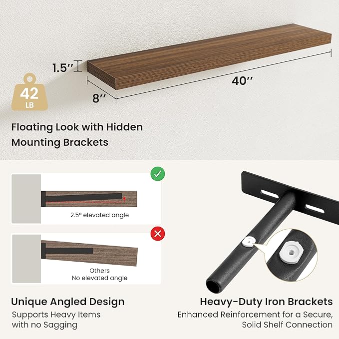 Fun Memories Rustic Wood Floating Shelves for Wall, Space-Saving Wall Mounted Shelves for Bathroom, Bedroom, Living Room and 