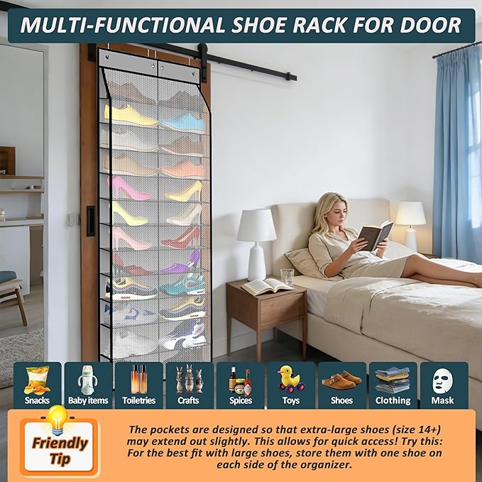 Kotkn 24-Pair Over Door Shoe Organizer for Family & Kids, Double Sided | Hanging Storage for Sneakers, Boots, Toys & Room Org