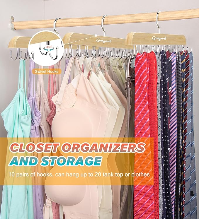 Gomyrod Bra Hanger for Closet, Tank Top Hangers 2 Pack w/20 Hooks Holds 40 Bras, Capacity Foldable Wood Space Saving Hanger, 