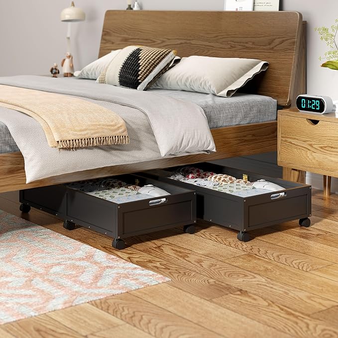 Wood Under Bed Storage Containers Underbed Organizer with Wheels Sturdy Wood Rolling Under Bed Shoe Storage Organizer 2 Packs