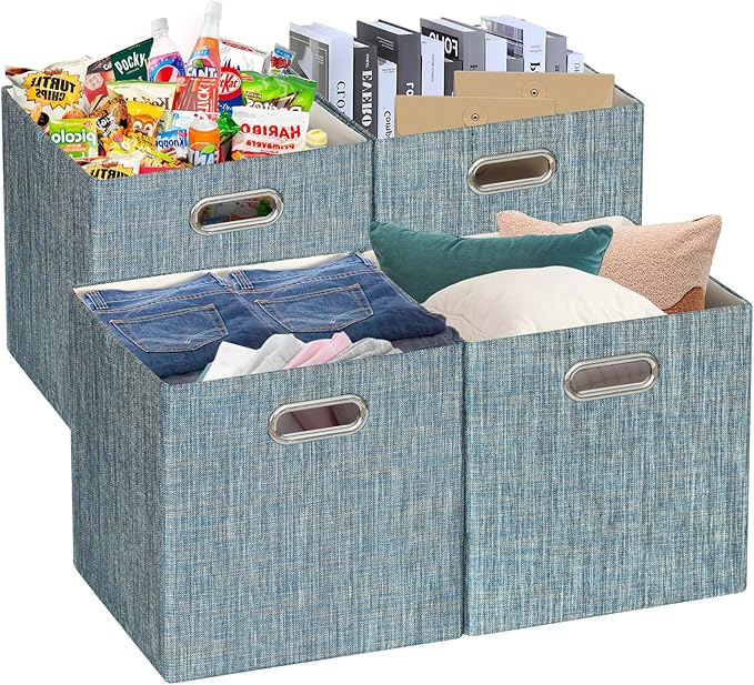 Posprica Storage Boxes, Foldable Organiser Cube Basket Bin, Thick and Heavy Duty (28×28×28cm/4pcs, Teal)