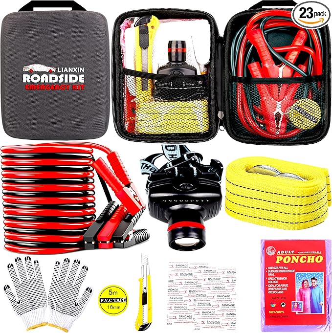 Car Roadside Emergency Kit,Car Safety Roadside Assistance Kit Jumper Cables, Headlamp,Tow Straps,Art Knife,Grey Automotive Em