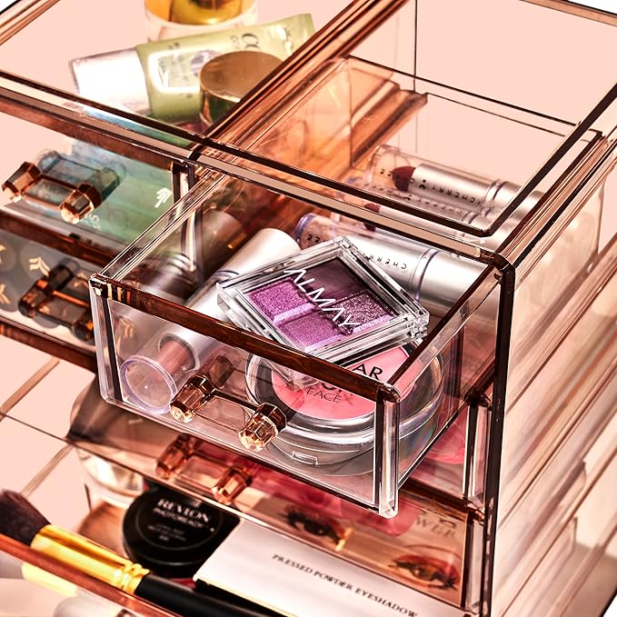 Sorbus Acrylic Makeup Organizer Set, 7-Drawer Vanity & Countertop Cosmetic Storage with Small & Wide Drawers, Bronze Glow Mak
