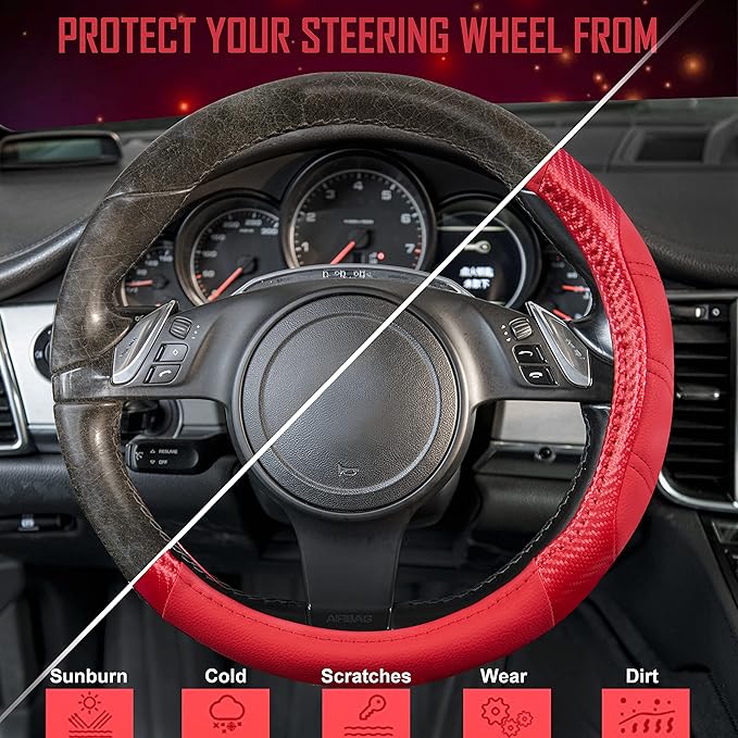 CAR PASS Line Rider Microfiber Leather Sporty Steering Wheel Cover 14.5-15 inch Universal Fits for 95% Truck,SUV,Cars, Anti-S