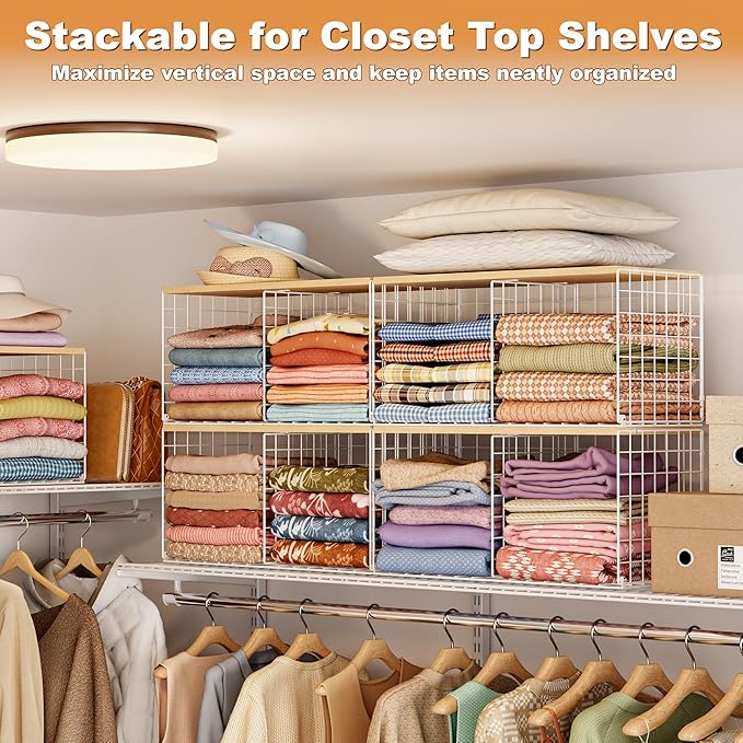 2 Pack Stackable Closet Organizers and Storage, 4 Cube Closet Shelves with Wood Top Board for Extra Clothes Storage, Small Me