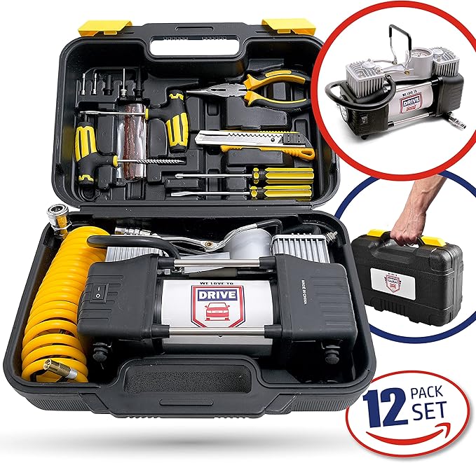 Tire Inflator Portable Air Compressor with Tire Repair Kit – Car Emergency Kit & 12V DC Dual Cylinder Air Pump for Cars, 150 PSI Tyre Pump with Tyre Pressure Gauge, and Car Accessories Air Pump