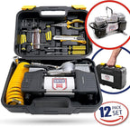 Tire Inflator Portable Air Compressor with Tire Repair Kit – Car Emergency Kit & 12V DC Dual Cylinder Air Pump for Cars, 150 PSI Tyre Pump with Tyre Pressure Gauge, and Car Accessories Air Pump