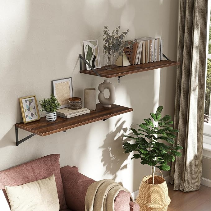 Deep Floating Shelves Wall Mounted, 36"x12" Walnut Wall Shelves with Brackets Set of 2 for Bedroom, Living Room, Bathroom, Ki