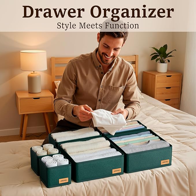 Clothes Organizer, Transform Your Drawers in Seconds - Green Set of 6 Foldable Storage Boxes with Zipper, Durable 600D Fabric