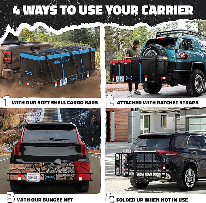 Mockins 60"x24"x6" Folding Trailer Hitch Cargo Carrier w/ 25 Cu Ft Waterproof Cargo Bag for Hitch Carrier | Heavy Duty 500 lbs Steel Luggage Rack for SUV, Car & Truck w/Plate Bracket & Accessories
