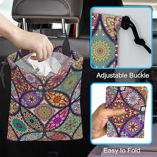 Car Trash Bag Hanging Mandala Flower Car Trash Can Waterproof Garbage Bag Hanging for Car Back Seat