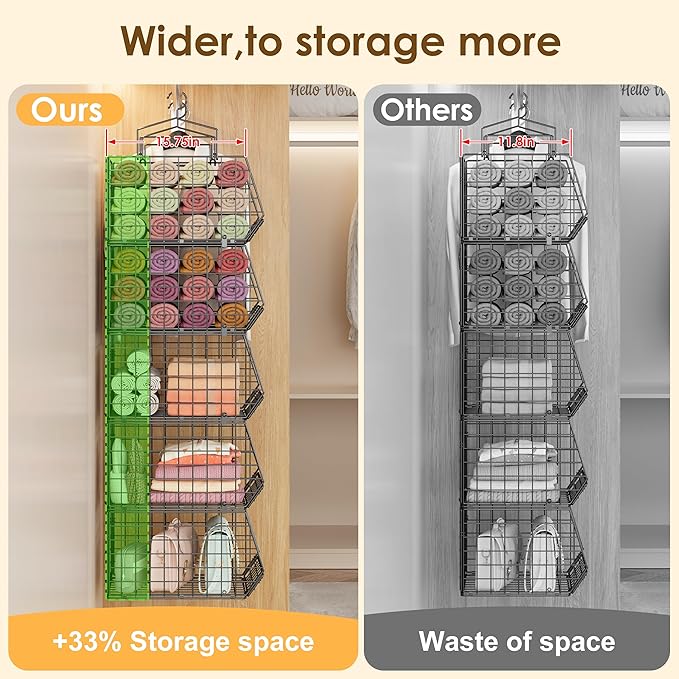 Capacity Upgrade Edition Deeper 4'' 5 Tier Foldable Hanging Closet Organizer and Storage，Wire Cabinet Shelves and Rack with 5