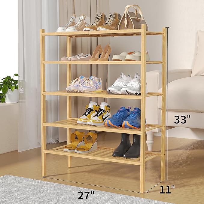 ROMGUAR CRAFT 5 Tier Bamboo Shoe Rack for Closet Free Standing Wood Shoe Shelf for Entryway Small Space Stackable 27"x11"x33"
