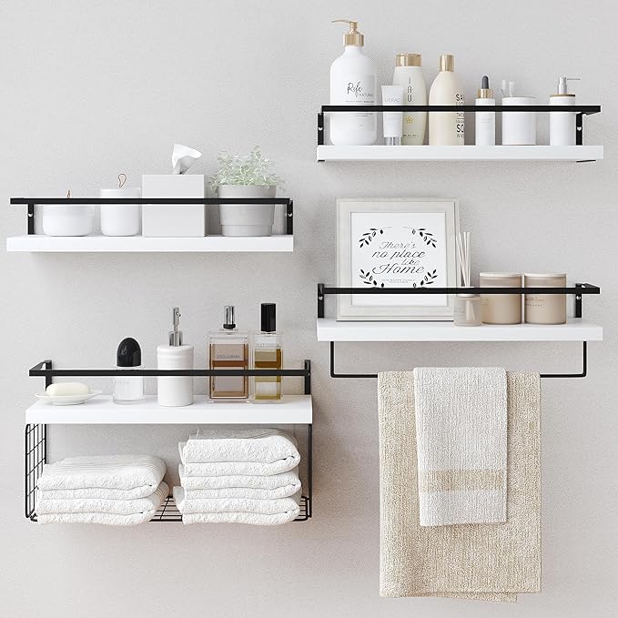 White Wood Floating Shelves Wall Mounted - 4+1 Tier Rustic Bathroom Wall Shelves Over Toilet with Wire Storage Basket and Tow