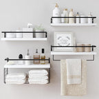 White Wood Floating Shelves Wall Mounted - 4+1 Tier Rustic Bathroom Wall Shelves Over Toilet with Wire Storage Basket and Tow