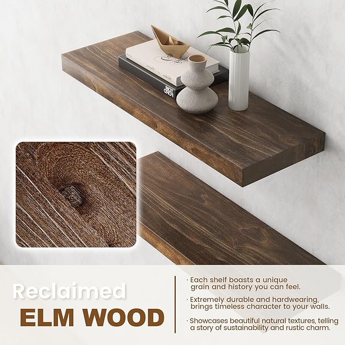 Elm Floating Shelves for Wall Decor, Rustic Solid Wood Shevles Wall Mounted with Invisible Bracket for Living Room Bathroom B