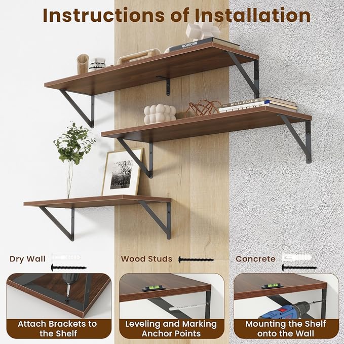 8" Deep Floating Shelves for Wall,16 inch Wood Wall Shelves Set of 2,Wide Floating Bookshelf with Sturdy Metal Brackets,Hangi