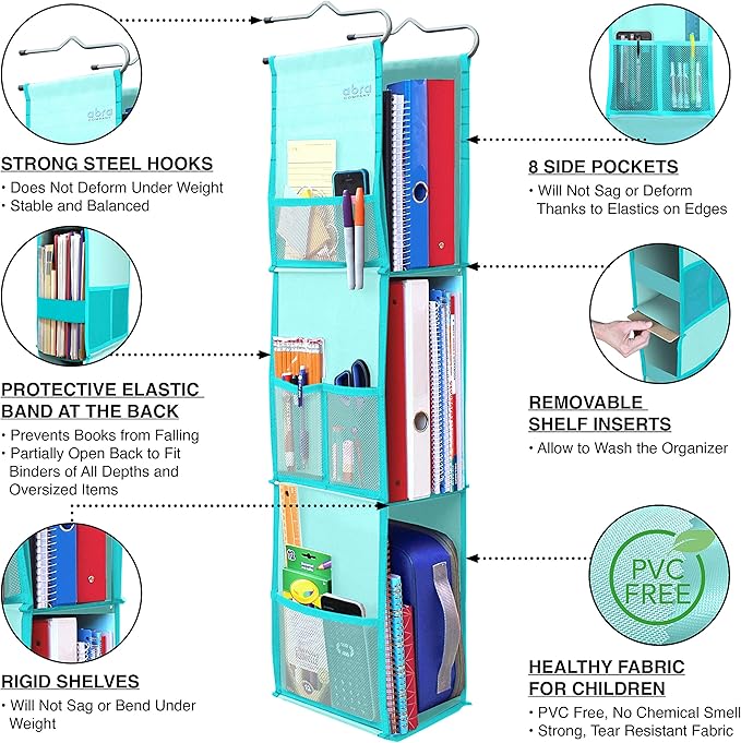 ABRA® 3 Shelf Hanging Locker Organizer for School, Work, Gym, Storage | Deep Shelves 6.5" x 9”| Eco-Friendly Fabric | Adjusta