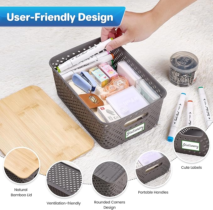 Anysig 8 Packs Plastic Storage Bins with Bamboo Lids - Stackable Storage Bins Decorative Small Basket Containers for Organizi