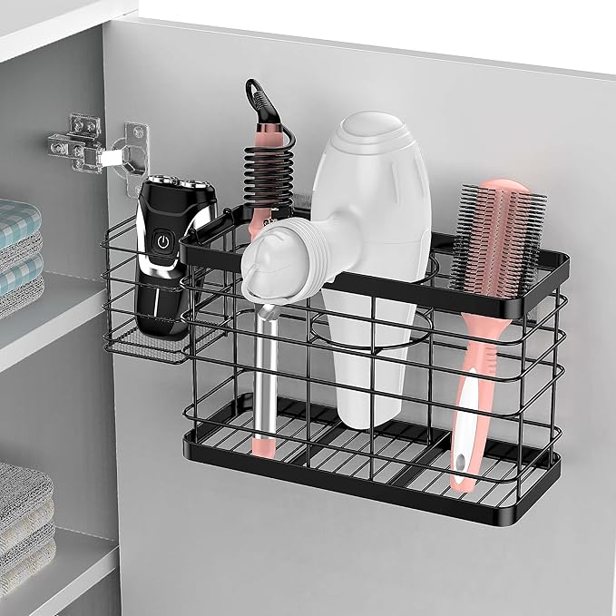 Hair Tool Organizer - Black Steel Wall Mounted Hair Dryer Holder with Removable Basket, 10.62"L x 4.33"W x 6.69"H, Ideal for 