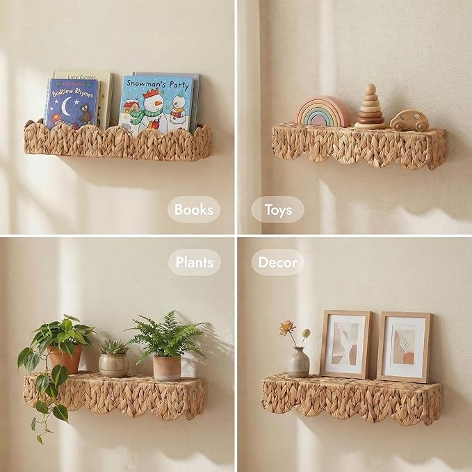 2 Pack Nursery Book Shelves, Scalloped Water Hyacinth Book Shelf for Kids Rooms, Handwoven Floating Book Shelves for Wall, 15