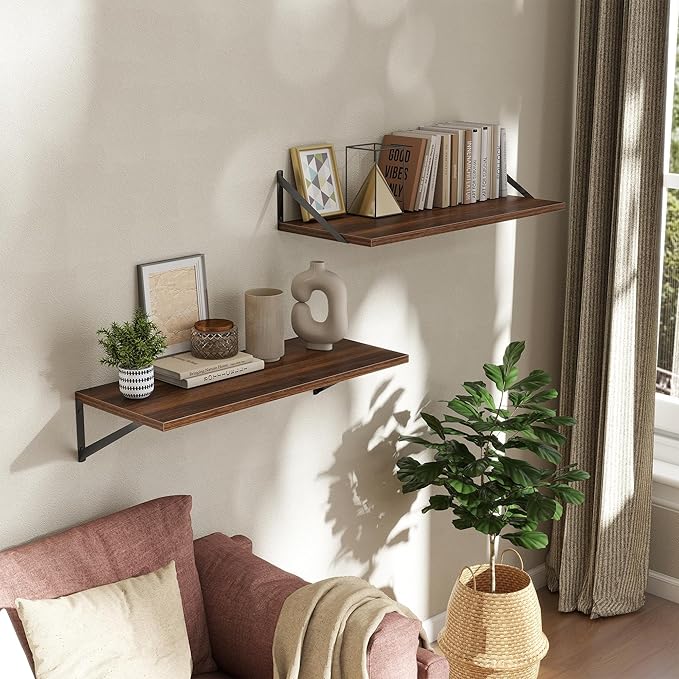 Deep Floating Shelves Wall Mounted, 30"x12" Walnut Wall Shelves with Brackets Set of 2 for Bedroom, Living Room, Bathroom, Ki