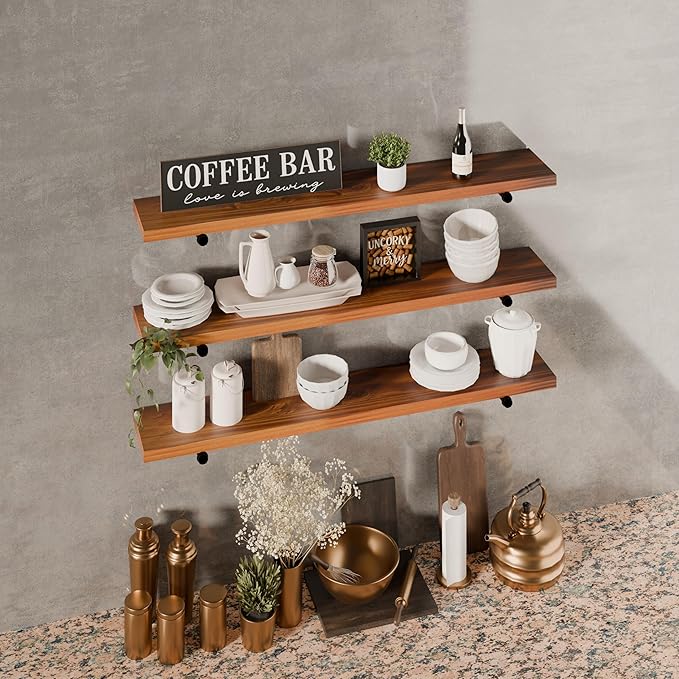 Industrial Pipe Wall Wood Shelves,Real Wooden Shelves 36" in Walnut Color with 1.2" Extra Thickness, Modern Floating Shevles