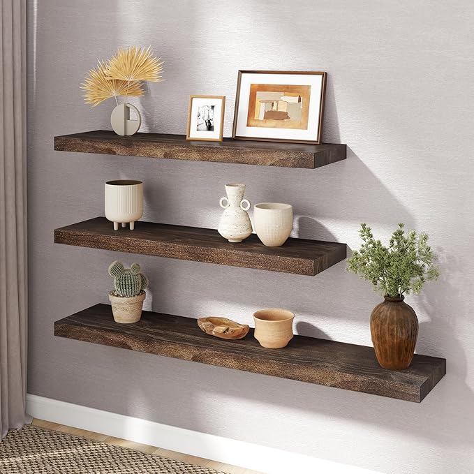 RICHFOCUS Elm Floating Shelves for Wall - 36" W x 9.3" D Rustic Solid Wood Shelves with Invisible Bracket, Wall-Mounted for L