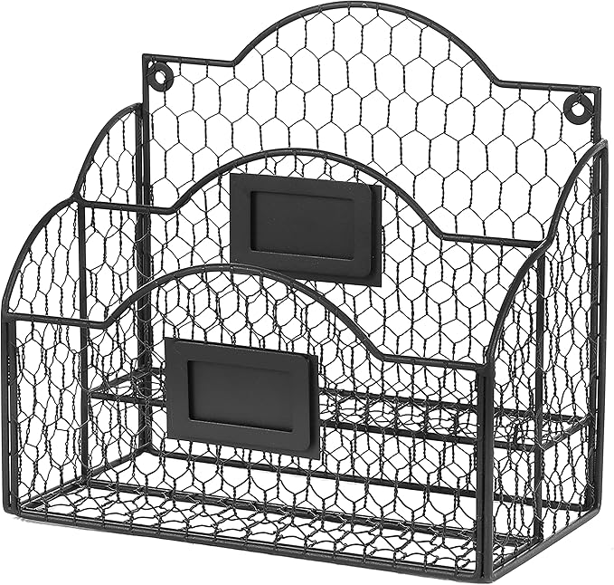 MyGift Metal Wire Basket Desk Organizer, 2 Compartment Inbox/Outbox Black Entryway Wall Mail Sorter, Office Desktop Stationer