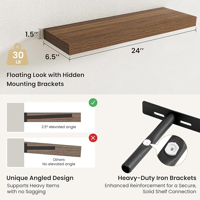 Fun Memories Rustic Wood Floating Shelves for Wall, Space-Saving Wall Mounted Shelves for Bathroom, Bedroom, Living Room and 