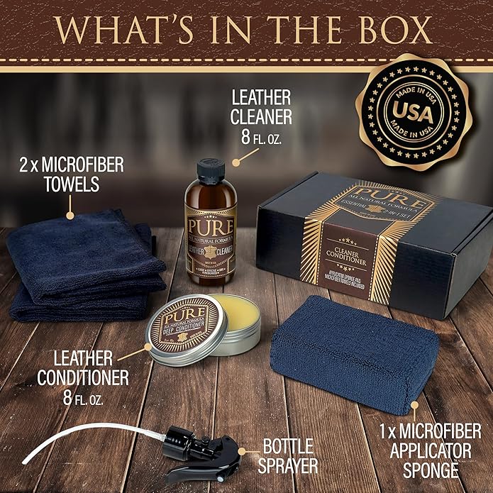 Leather Cleaner, Conditioner and Detailer Kit - Natural Beeswax Formula for Car Seat, Couch, Furniture, Purse, Boots & Jacket