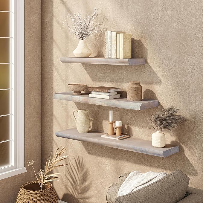 Live Edge Floating Shelves Set of 2, 36 Inch Solid Elm Wood Wall Shelves - Invisible Bracket Mount for Living Room, Bedroom, 