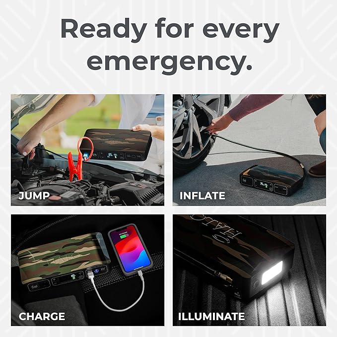 HALO Bolt Air 58830 Portable Car Battery Jump Starter | 100 PSI Air Compressor, 58.8Wh USB Power Bank, Emergency Floodlight