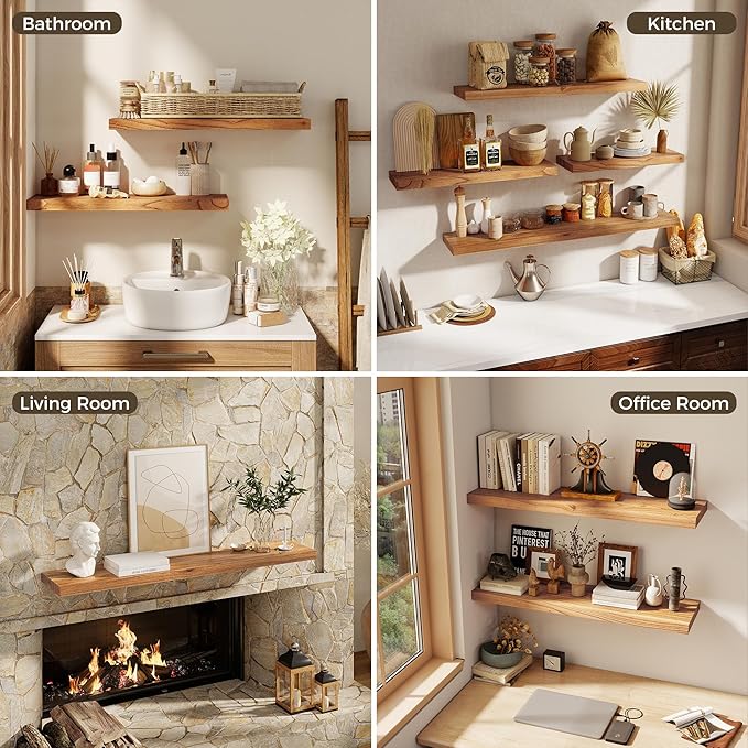 36 Inch Floating Shelves for Wall, 8"D High End Solid Hardwood Shelves for Decor Storage, Rustic Wall Shelves with Invisible 