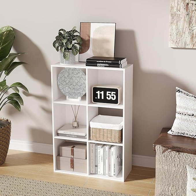 Cube Storage Organizer,Wood Organizer with Open Back,3 Tier Bookcase,Open Bookshelf for Home Office Living Room (White, 6-Cub