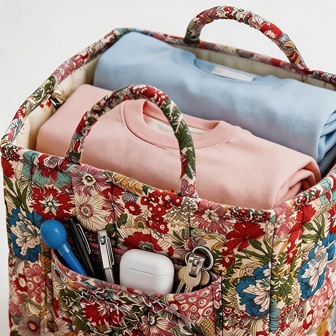 Quilted Laundry Basket with Handles - Multi-Purpose Fabric Storage Basket，Boho Fabric Storage Baskets with Handles for Car, H