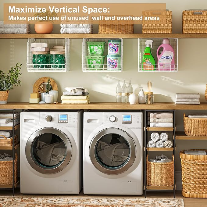 3 Pack Screw Mount Under The Wooden Shelf Laundry Room Organizer: Foldable Wire Basket Space Saving Over The Washer and Dryer