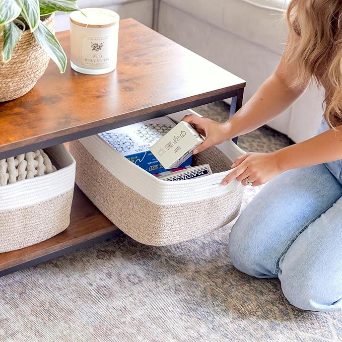 NaturalCozy Storage Baskets 16.8”x13”x7.6” Cotton Rope Woven Baskets for Organizing 3-Pack | Toy Storage Bins | Basket for Sh