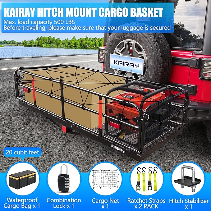 KAIRAY 500 Lbs Heavy Duty Hitch Mount Cargo Carrier 60"x24"x14.4" Folding Rear Luggage Rack Basket Fits 2" Receiver for Car SUV Camping Traveling with Stablizer Waterproof Bag Net Ratchet Straps Lock