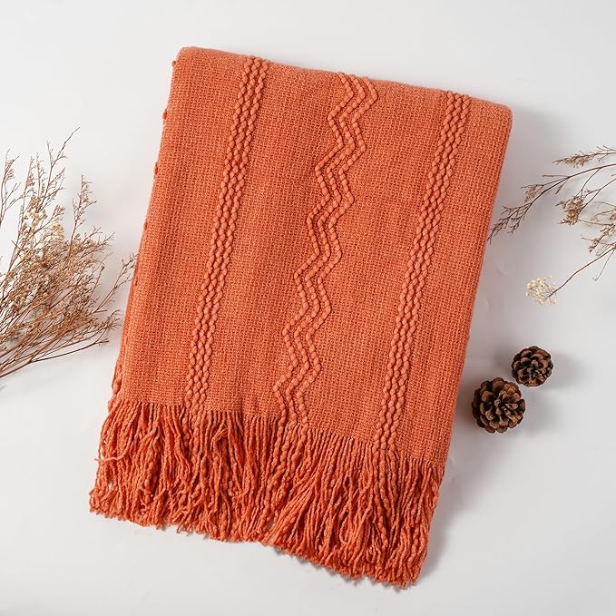 BATTILO HOME Orange Fall Throw Blanket for Couch Sofa, Knitted Decorative Blankets Throws Halloween Throw Blanket Fall Decora