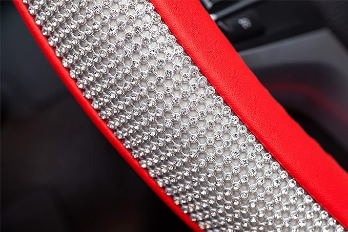 New Diamond Leather Steering Wheel Cover with Bling Bling Crystal Rhinestones, Universal Fit 15 Inch Car Wheel Protector for 